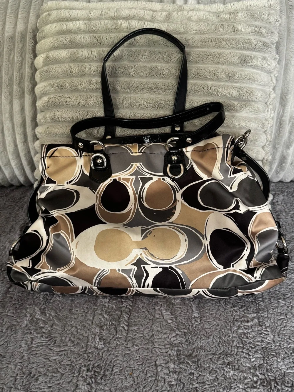 Coach Beige, Black & Cream Signature Circle Tote with Patent Trim